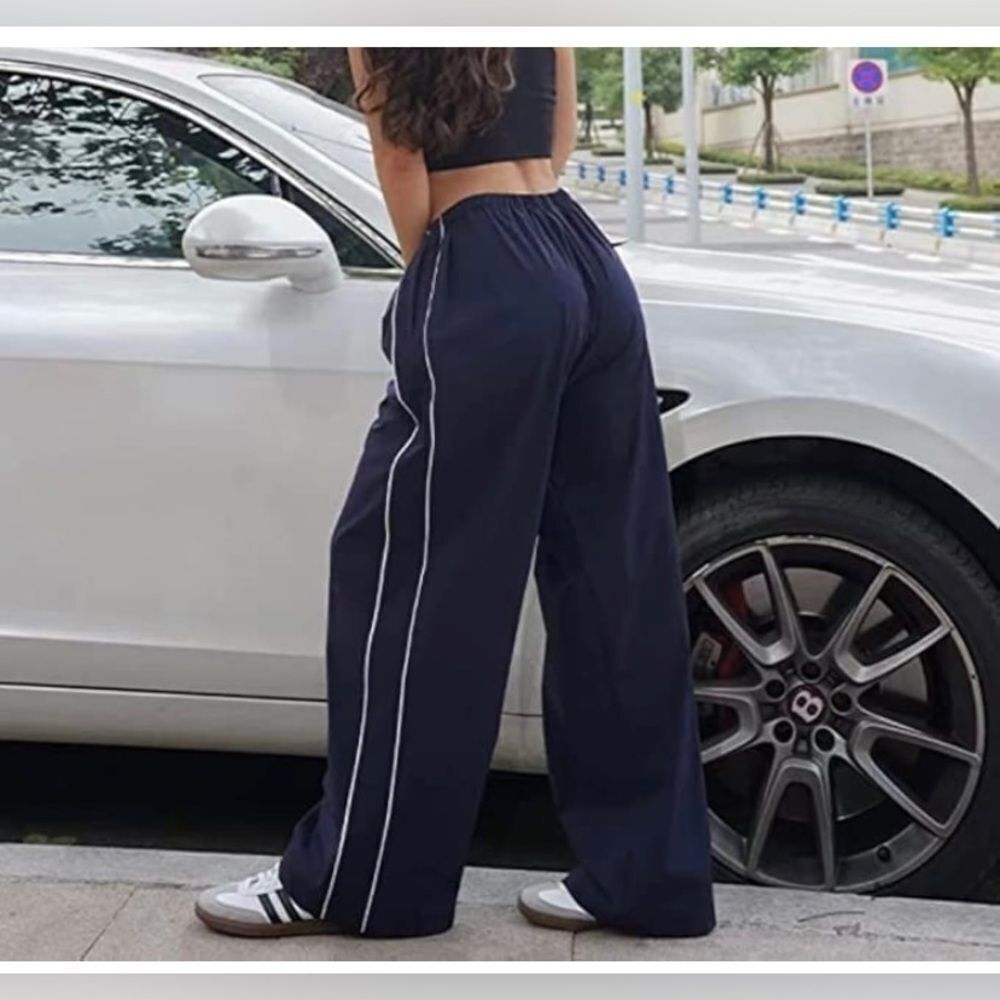 Black Women Y2K Baggy Track Pants Elastic Waist Wide Leg Parachute Pants - Picture 2 of 7